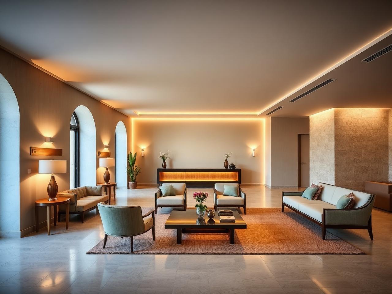 Sleek minimalist hotel lobby with warm ambient lighting and contemporary Greek design